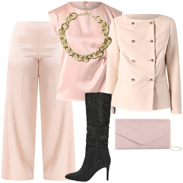 Outfit donna - Serata con stile - FDCI. Stile Chic per Serata fuori. Abbinamento con pochette, blazer, pantaloni a palazzo, top, stivali, collane.