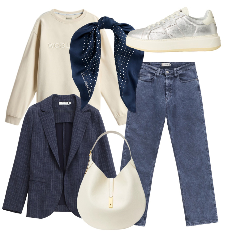 Outfit donna - Gessato. Stile Casual per Ufficio. Abbinamento con jeans dritti, blazer, foulard, borse a spalla, sneakers, felpe.