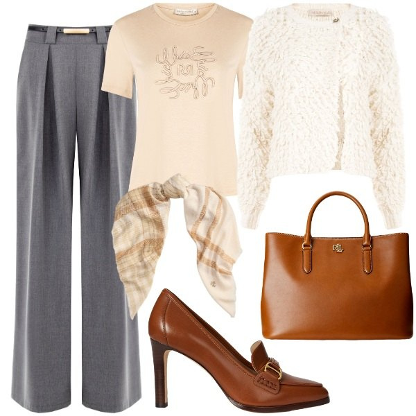 Outfit donna - Rinascimento . Black Friday 2025. Stile Chic per Ufficio. Abbinamento con pantaloni a palazzo, cardigans, t-shirt, décolleté, borse a mano, sciarpe.