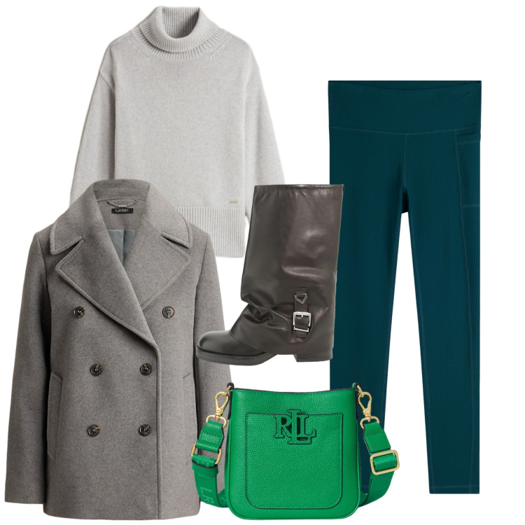 Outfit donna - Giaccone doppiopetto. Stile Casual per Tutti i giorni. Abbinamento con leggings, stivali, cappotti, borse a tracolla, maglieria.