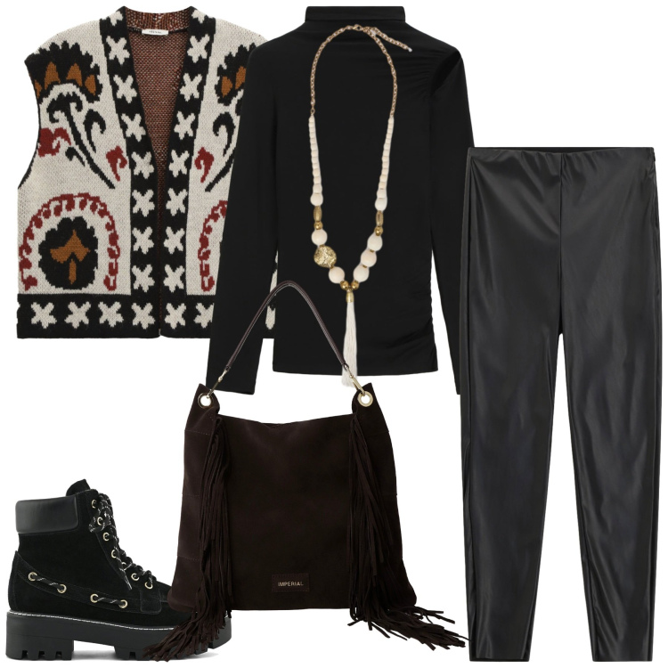 Outfit donna - Total look #2287933. Stile Etnico per Serata fuori. Abbinamento con pullovers, borse a spalla, pantaloni skinny, gilet, ciondoli, stivaletti.