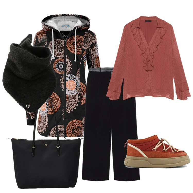 Outfit donna - Il caffè con le amiche. Stile Casual chic per Tutti i giorni. Abbinamento con parka, foulard, borse tote, stivaletti, bluse, pantaloni.