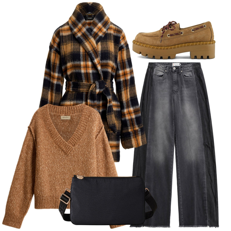 Outfit donna - Total chic. Stile Bon Ton per Tutti i giorni. Abbinamento con jeans, borse a tracolla, cappotti, maglieria, mocassini.