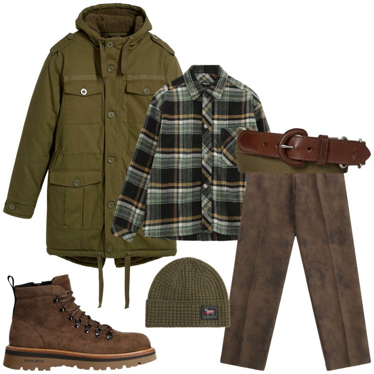 Outfit uomo - Total look #2287944. Stile Urban per Tutti i giorni. Abbinamento con parka, pantaloni, camicie, cinture, stivali e stivaletti, berretti.