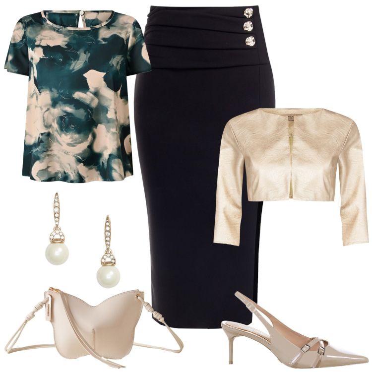 Outfit donna - Rinascimento black Friday. Stile Chic per Cerimonia. Abbinamento con gonne, bluse, bolero, décolleté, borse a tracolla, orecchini.