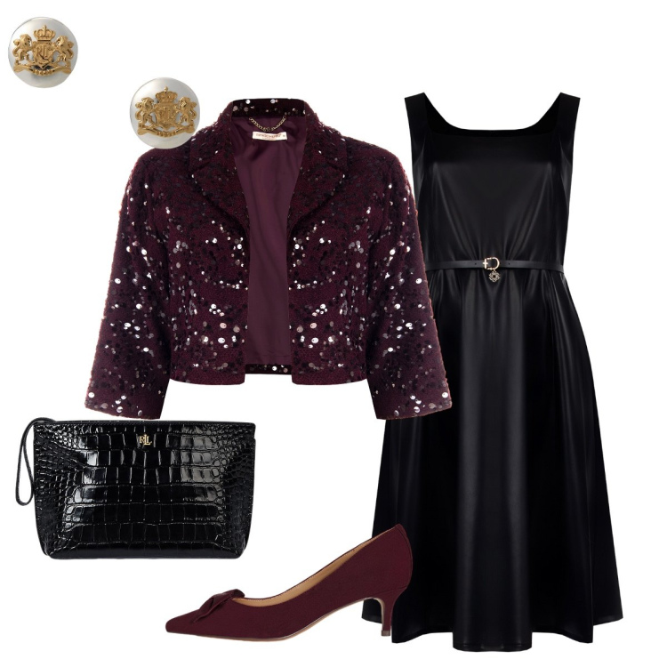 Outfit donna - Serata importante. Stile Chic per Serata fuori. Abbinamento con vestiti midi/longuette, bolero, orecchini, décolleté, pochette.