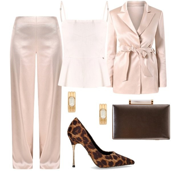 Outfit donna - Rinascimento - Black Friday 2025. Stile Chic per Cerimonia. Abbinamento con pantaloni a palazzo, blazer, clutch, canottiere, orecchini, décolleté.