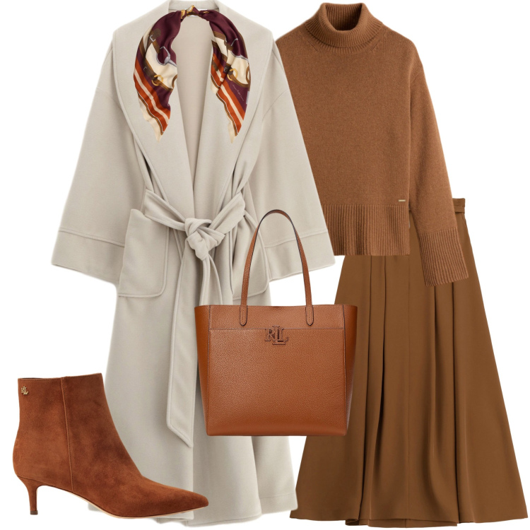 Outfit donna - Giornata in città. Stile Urban per Tutti i giorni. Abbinamento con cappotti, gonne lunghe, stivaletti, borse tote, foulard, maglieria.