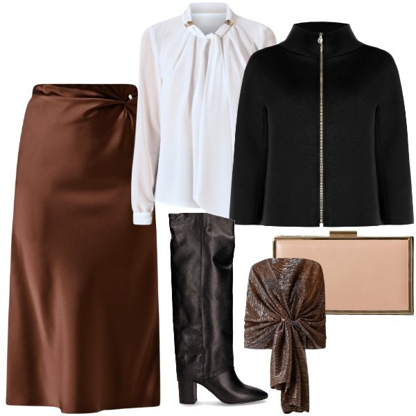 Outfit donna - Rinascimento - Black Friday 2025. Stile Chic per Ufficio. Abbinamento con gonne longuette, stole, bluse, pochette, cappe, stivali.