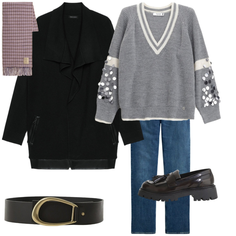 Outfit donna - Sport chic. Stile Casual chic per Tutti i giorni. Abbinamento con maglieria, mocassini, cinture, jeans dritti, sciarpe, cardigans.