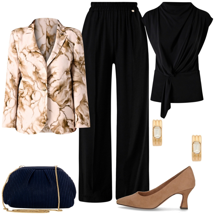 Outfit donna - Rinascimento B/F. Stile Glamour per Cerimonia. Abbinamento con pantaloni a palazzo, top, blazer, pochette, orecchini, décolleté.