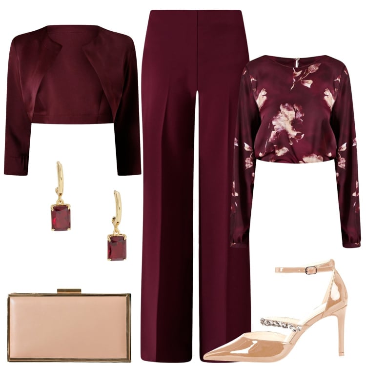 Outfit donna - Cerimonia con Rinascimento. Stile Chic per Cerimonia. Abbinamento con pantaloni a palazzo, bluse, décolleté, pochette, bolero, orecchini.