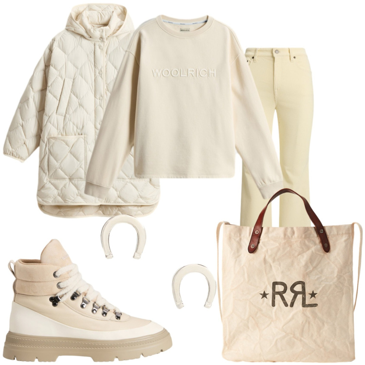 Outfit donna - Bianco freddo. Stile Trendy per Tutti i giorni. Abbinamento con borse tote, orecchini, pantaloni, blazer, anfibi, felpe.
