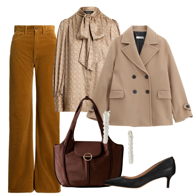 Outfit donna - Tocco gentile. Stile Chic per Tutti i giorni. Abbinamento con cappotti, shopping bag, camicie, pantaloni, décolleté, orecchini.