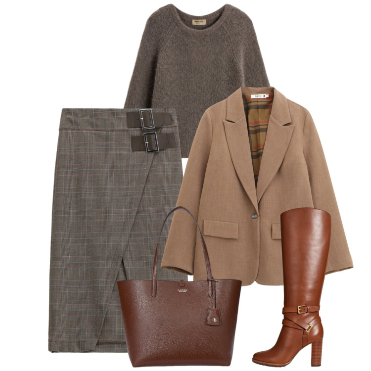 Outfit donna - La gonna con le fibbie. Stile Bon Ton per Tutti i giorni. Abbinamento con blazer, gonne longuette, borse tote, stivali, maglieria.