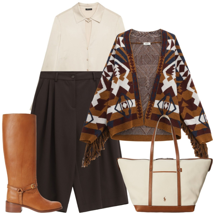 Outfit donna - Ispirazione etnica. Stile Bon Ton per Ufficio. Abbinamento con shorts, cardigans, borse tote, stivali, camicie.