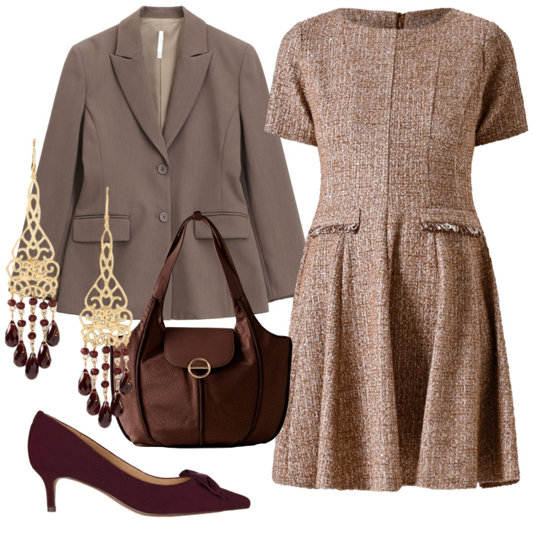 Outfit donna - Occasione formale. Stile Bon Ton per Tutti i giorni. Abbinamento con vestiti corti, blazer, shopping bag, décolleté, orecchini.