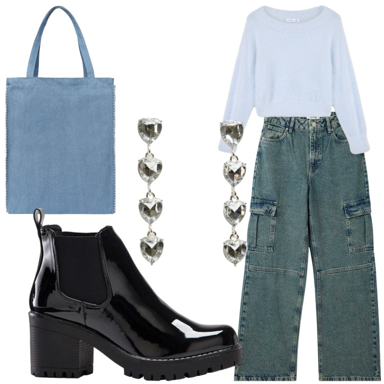 Outfit donna - I jeans con le tasche anni 90. Stile Casual chic per Ufficio. Abbinamento con stivaletti, orecchini, jeans, borse tote, maglieria.