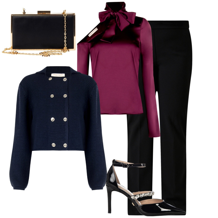 Outfit donna - Onomastico in compagnia. Stile Chic per Serata fuori. Abbinamento con blazer, bluse, décolleté, pochette, pantaloni a palazzo.