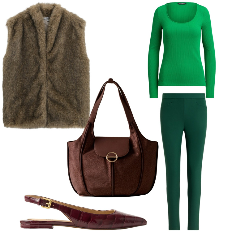 Outfit donna - Marrone e verde. Stile Chic per Tutti i giorni. Abbinamento con blazer, shopping bag, pantaloni, ballerine, t-shirt.