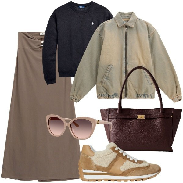 Outfit donna - La mia giacca bomber. Stile Urban per Tutti i giorni. Abbinamento con bomber, shopping bag, gonne lunghe, occhiali da sole, sneakers, felpe.