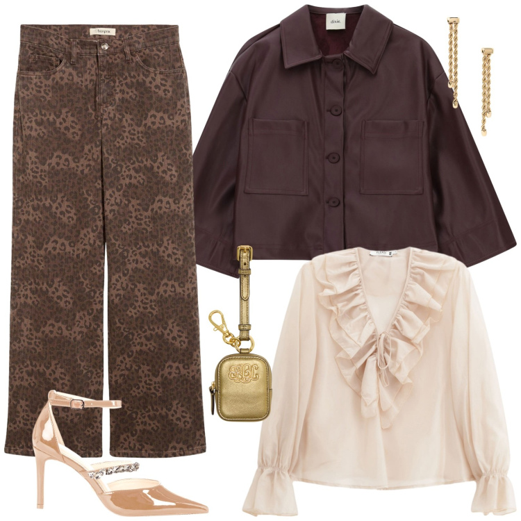 Outfit donna - Romantica di carattere. Stile Chic per Serata fuori. Abbinamento con pantaloni, camicie, décolleté, blazer, pochette, orecchini.