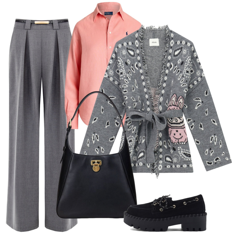 Outfit donna - Novembre. Stile Bon Ton per Tutti i giorni. Abbinamento con pantaloni a palazzo, cardigans, borse a spalla, camicie, mocassini.