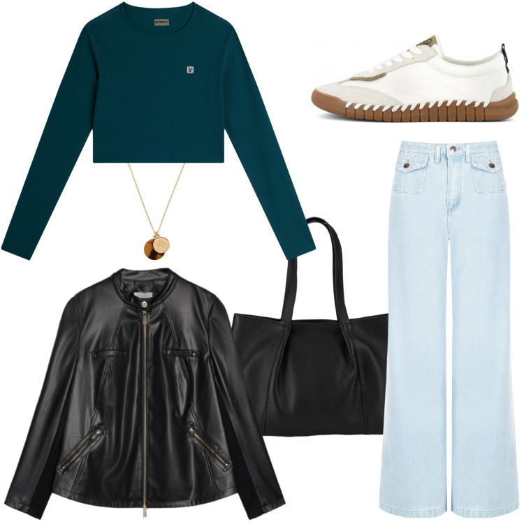 Outfit donna - Cinema. Stile Casual per Tutti i giorni. Abbinamento con shopping bag, jeans dritti, maglieria, collane, sneakers, giacche.