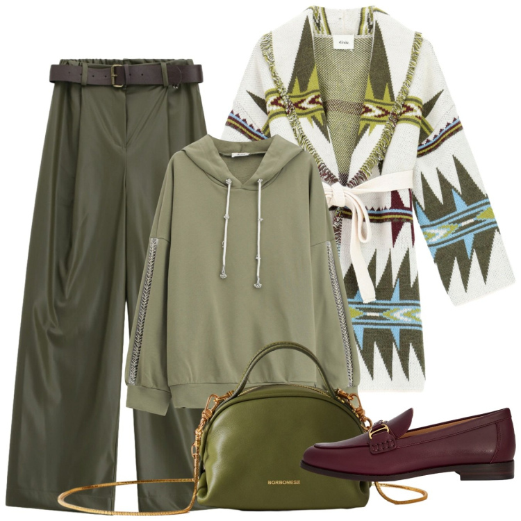 Outfit donna - Novembre. Stile Bon Ton per Tutti i giorni. Abbinamento con borse a mano, cardigans, felpe con cappuccio, pantaloni a palazzo, mocassini.