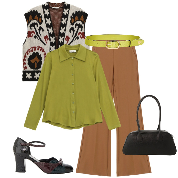 Outfit donna - Total look #2288091. Stile Chic per Ufficio. Abbinamento con cinture, pantaloni, borse a mano, décolleté, gilet, camicie.