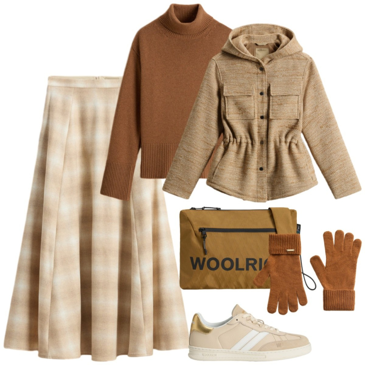 Outfit donna - Woolrich black Friday. Stile Casual chic per Tutti i giorni. Abbinamento con borse a tracolla, sneakers, guanti, blazer, gonne lunghe, maglieria.