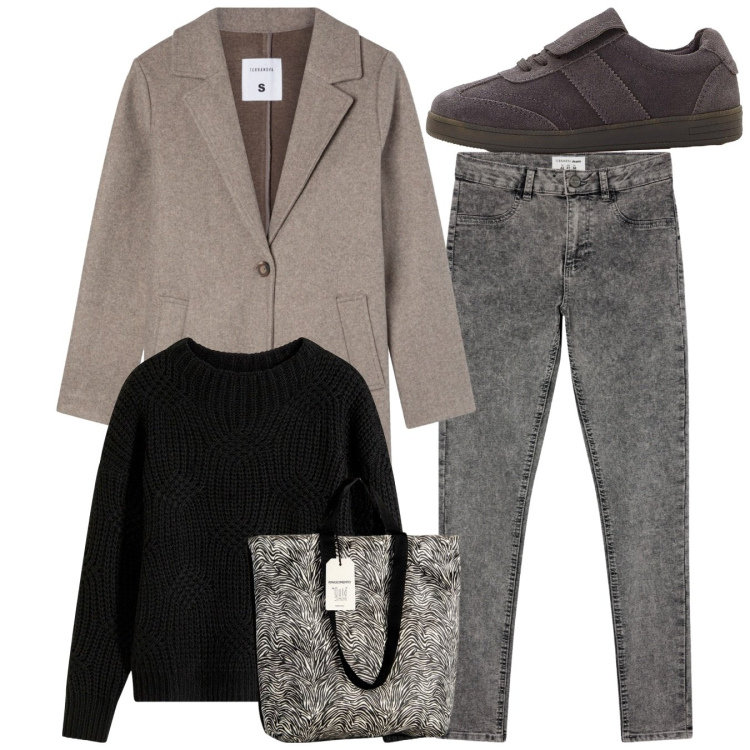 Outfit donna - Weekend. Stile Casual per Tutti i giorni. Abbinamento con maglieria, sneakers, borse tote, jeggings, cappotti.