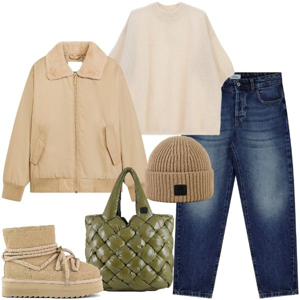 Outfit donna - La mia giacca bomber. Stile Urban per Tutti i giorni. Abbinamento con bomber, maglieria, jeans, borse tote, berretti, stivaletti.