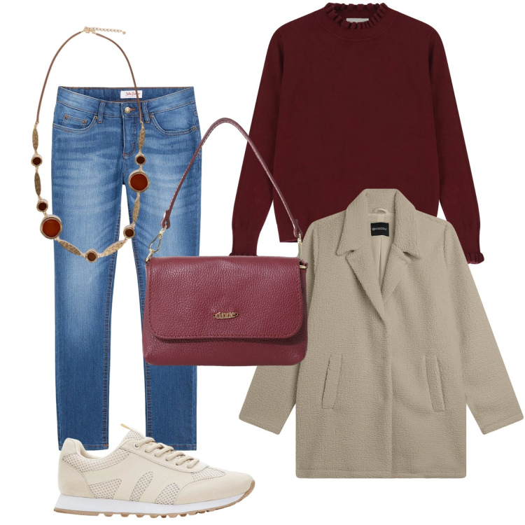 Outfit donna - Ti piace il casual chic?. Stile Casual chic per Tutti i giorni. Abbinamento con sneakers, jeans skinny, cappotti, maglieria, borse a tracolla, collane.