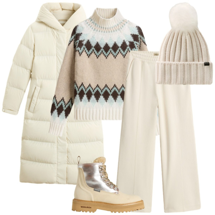 Outfit donna - Woolrich black Friday. Stile Casual chic per Tutti i giorni. Abbinamento con anfibi, pantaloni, maglieria, berretti, piumini.