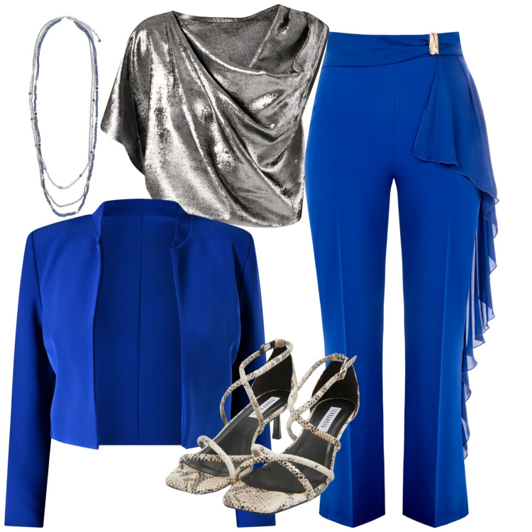 Outfit donna - Elegante a novembre. Stile Glamour per Cerimonia. Abbinamento con pantaloni, blazer, bluse, sandali col tacco, collane.