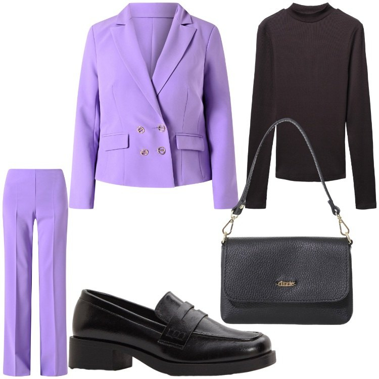 Outfit donna - In citta´. Stile Chic per Ufficio. Abbinamento con mocassini, blazer, pantaloni a palazzo, t-shirt, borse a tracolla.