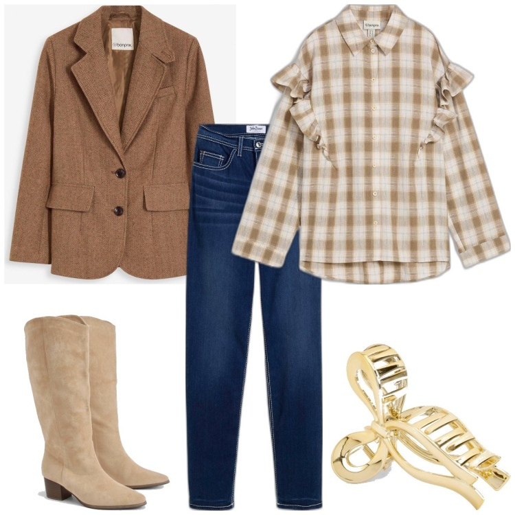 Outfit femme - Touche boho au bureau. Style Boho pour Bureau. Assortir avec blazers, t-shirts, jupes, jeans, accessoires pour cheveux, bottines.