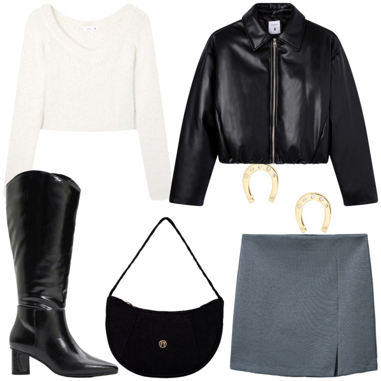 Outfit donna - Cena con amici. Stile Casual chic per Serata fuori. Abbinamento con stivali, giacche, minigonne, maglieria, borse a mano, orecchini.