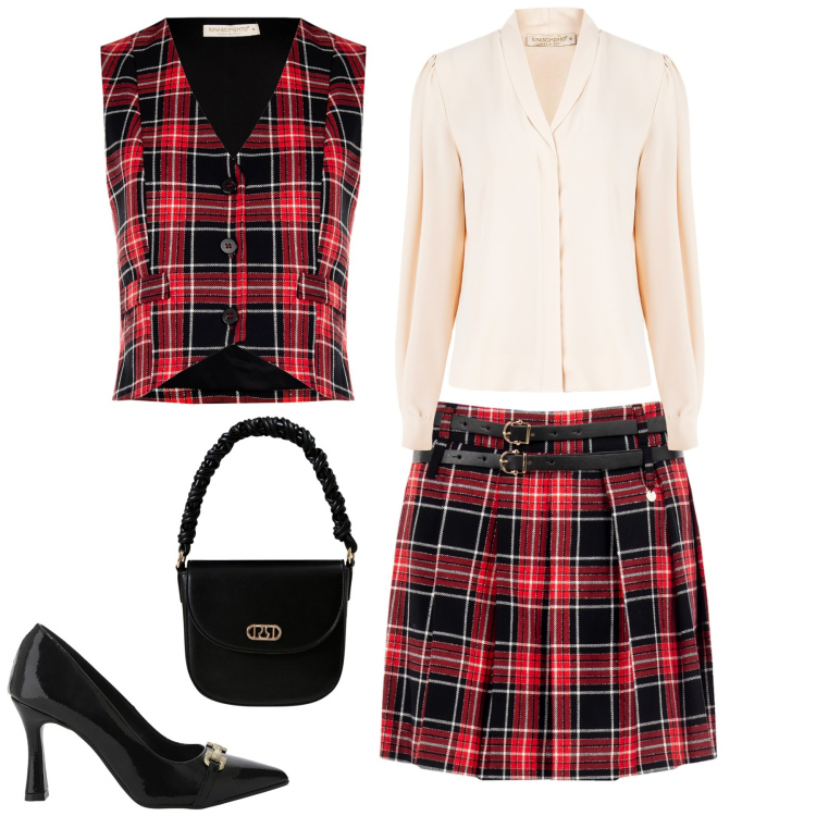 Outfit donna - Rinascimento. Stile Preppy per Tutti i giorni. Abbinamento con minigonne, gilet, borse a mano, camicie, décolleté.