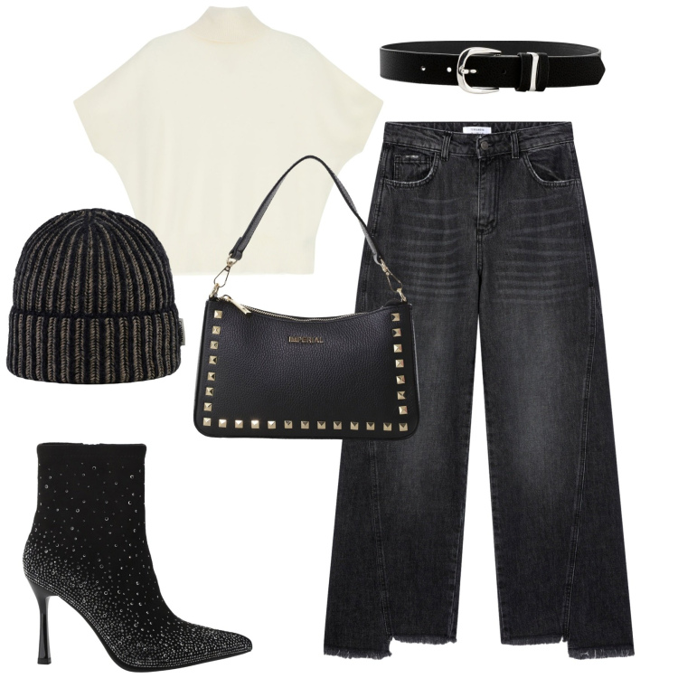 Outfit donna - City. Stile Casual chic per Tutti i giorni. Abbinamento con cinture, jeans, maglieria, pochette, stivaletti, berretti.