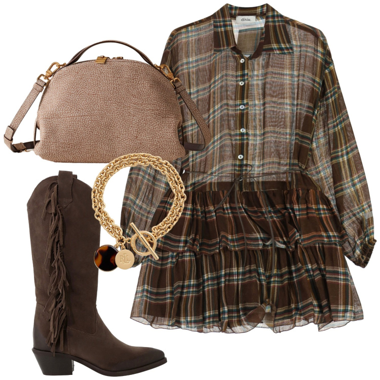 Outfit donna - Compleanno. Stile Chic per Serata fuori. Abbinamento con borse a mano, stivali, vestiti corti, braccialetti con ciondoli.