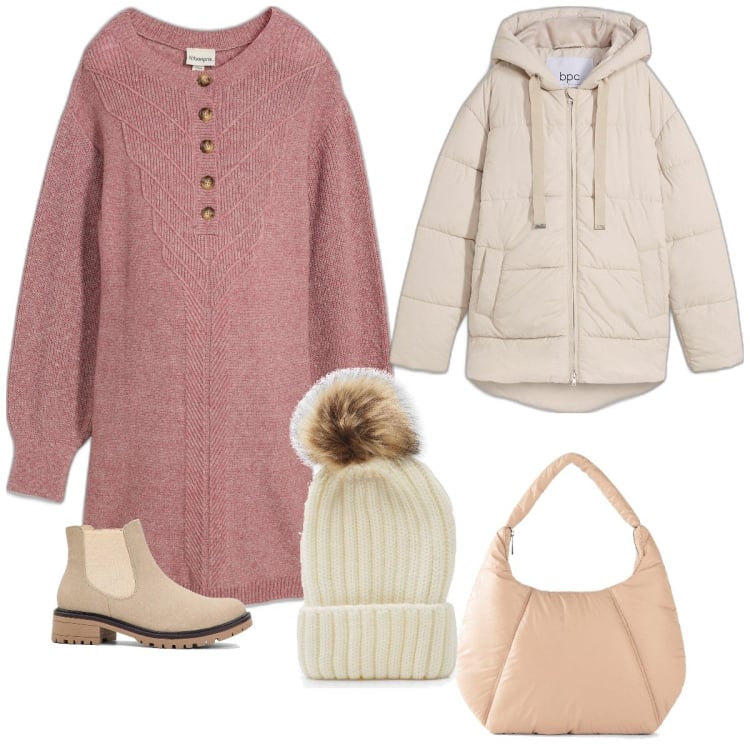 Outfit femme - Du poudré au vieux rose. Style Casual pour Tous les jours. Assortir avec robes, doudounes, boots, sacs à main, bonnets.