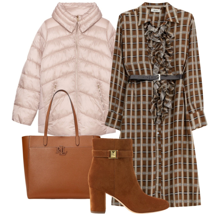 Outfit donna - Total look. Stile Bon Ton per Ufficio. Abbinamento con vestiti midi/longuette, borse tote, stivaletti, piumini.
