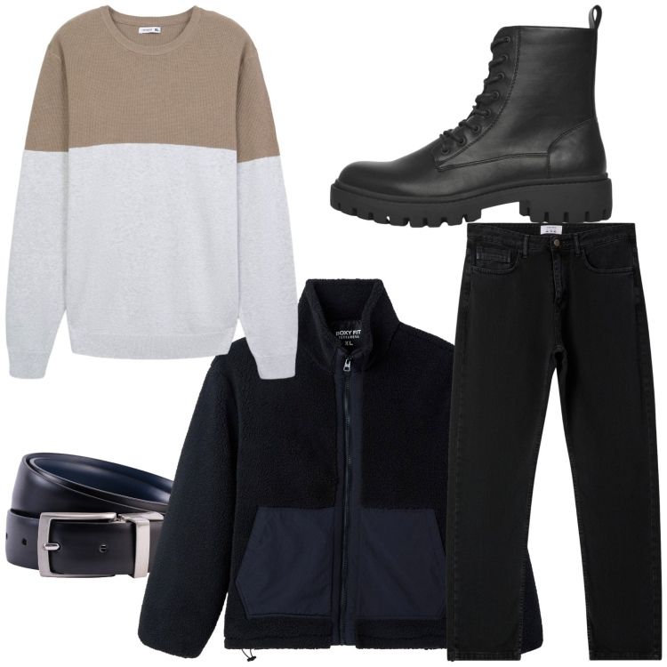 Outfit uomo - Cena con amici. Stile Casual per Tutti i giorni. Abbinamento con anfibi, maglieria, cappotti, jeans dritti, cinture.
