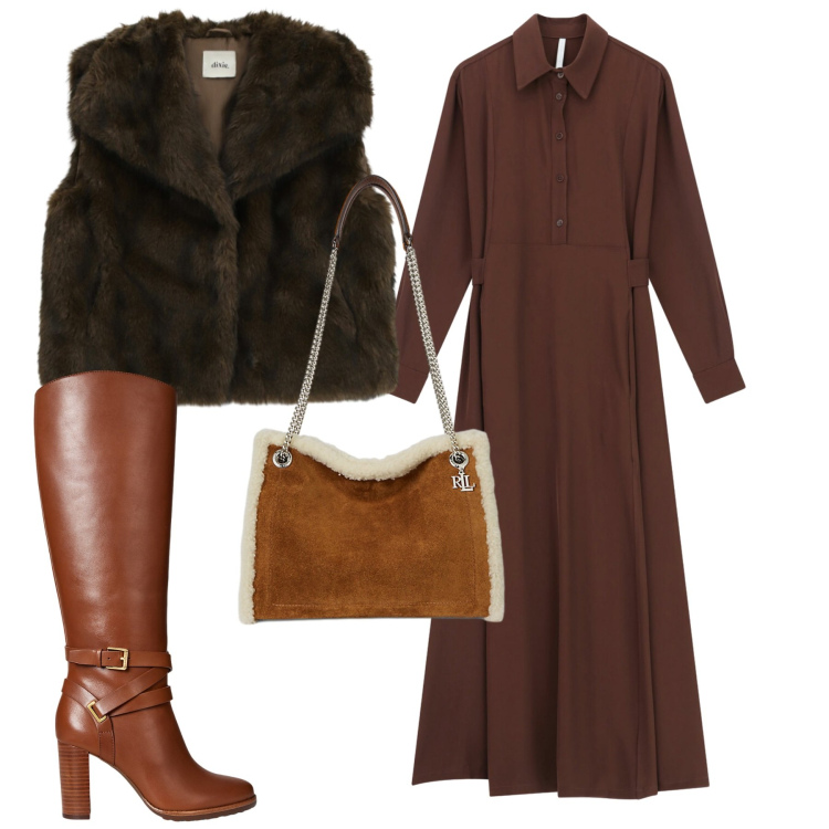 Outfit donna - Total bon ton. Stile Bon Ton per Ufficio. Abbinamento con vestiti lunghi, camicie, stivali, borse tote.