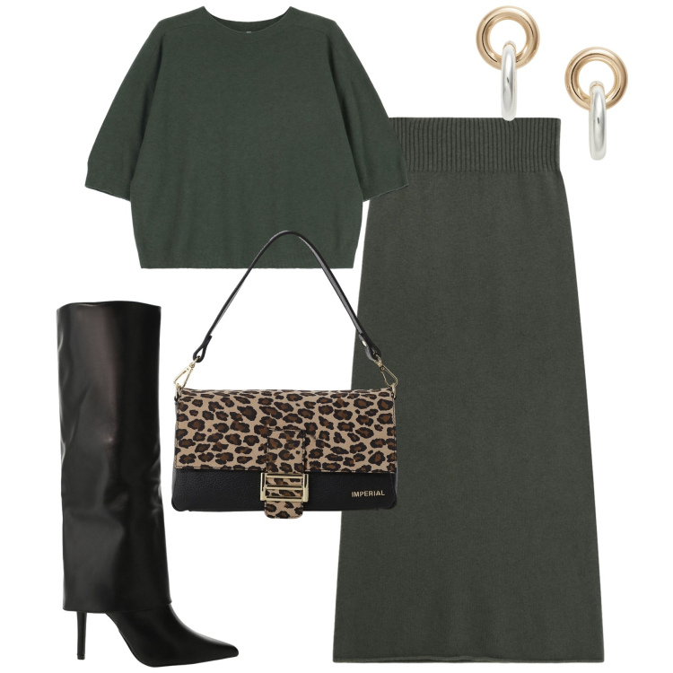 Outfit donna - Imperial fashion. Stile Minimal per Tutti i giorni. Abbinamento con borse a spalla, gonne lunghe, maglieria, stivali, orecchini.