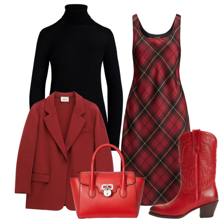 Outfit donna - Natale nell\'aria. Stile Bon Ton per Tutti i giorni. Abbinamento con blazer, vestiti senza maniche, stivali, borse a mano, maglieria.