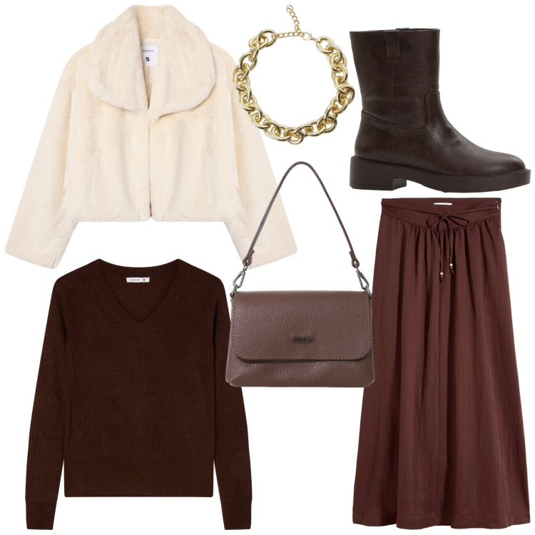 Outfit donna - I colori più trendy dell\' autunno. Stile Urban per Tutti i giorni. Abbinamento con stivaletti, gonne lunghe, maglieria, ecopellicce, collane, borse a tracolla.