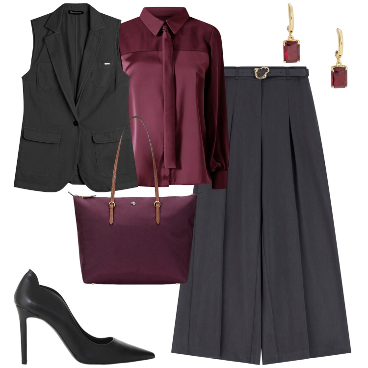 Outfit donna - Donne in movimento. Stile Urban per Tutti i giorni. Abbinamento con camicie, pantaloni, gilet, décolleté, borse tote, orecchini.